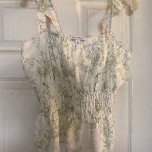 "And Now This" Women's Wide Strap Ruffle Trim Top Size L Green and White